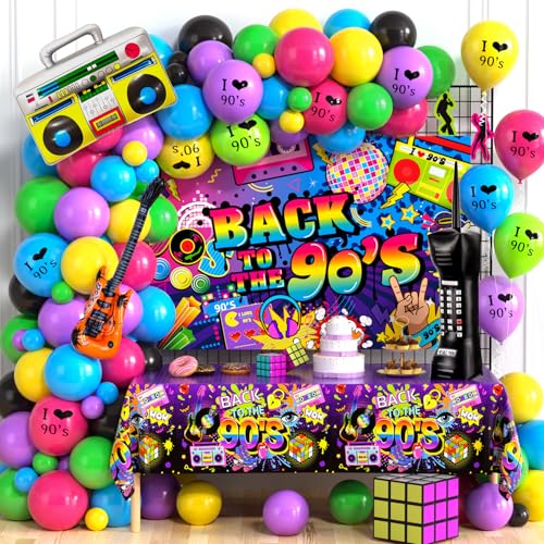 130Pcs 90er Jahren Party Dekorationen 90s Luftballons Girlandenbogen Retro Aufblasbares Radio Boombox Mikrofon Guita Rock Disco Foilballoon Back To The 90s Banner Tischdecke 90er Hip Hop Party von Toyssa