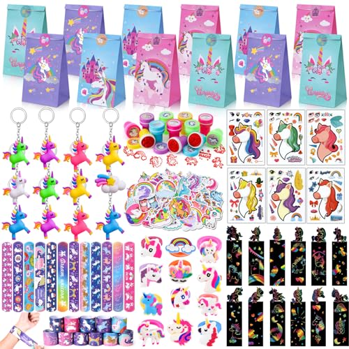 184Pcs Einhorn Party Mitgebsel Kindergeburtstag Mädchen Einhorn Kratzbilder Schnapparmband Schlüsselanhänger Ringe Stempel DIY Aufkleber Geschenktüten Give Away Mitbringsel Geburtstag Geschenke Kinder von Toyssa