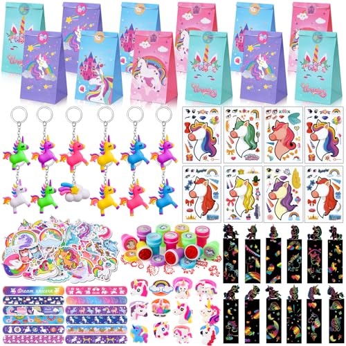 184Pcs Einhorn Party Mitgebsel Kindergeburtstag Mädchen Einhorn Kratzbilder Schnapparmband Schlüsselanhänger Ringe Stempel DIY Aufkleber Geschenktüten Give Away Mitbringsel Geburtstag Geschenke Kinder von Toyssa