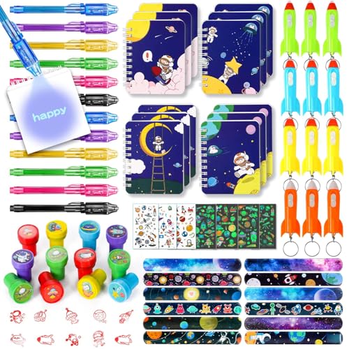 72 Weltraum Party Mitgebsel Kindergeburstag mit UV Stift & Notizbuch Stempel Raketen Schlüsselanhänger Tattoo Schnapparmband Geschenk Jungen Galaxy Astronaut Party Mitgebsel Junge Gastgeschenke von Toyssa