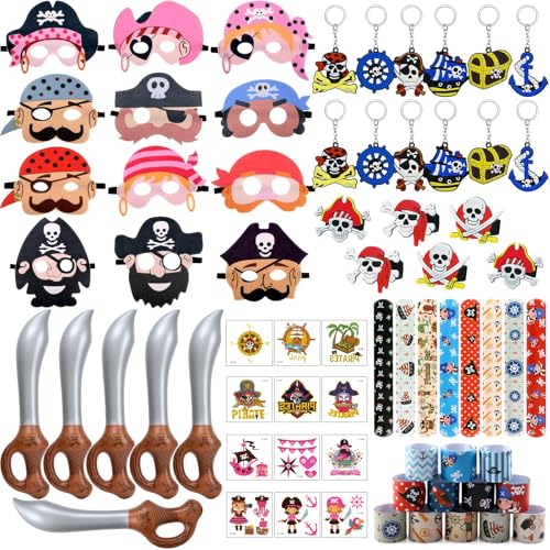 72Pcs Piraten Party Mitgebsel Kindergeburtstag Piraten Schnapparmband Maske Aufkleber Ringe Schlüsselanhänger Aufblasbares Spielzeug Piraten Party Deko Halloween Preise Geschenke für Junge Mädchen von Toyssa