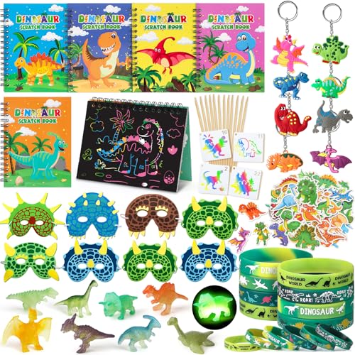 Toyssa Dinosaurier Party Mitgebsel Kindergeburtstag mit Kratzbilder Kinder Dinosaurier Figuren Maske Schlüsselanhänger Armbänd Aufkleber Dino Give Aways Gastgeschenk für Kinder Jungen Mädchen von Toyssa