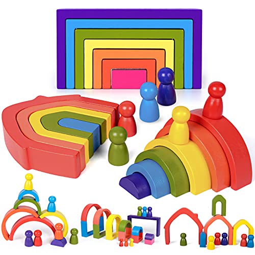 Atoylink Regenbogen Holz Lernspielzeug Regenbogen Holzspielzeug mit Holzpuppen Peg Dolls Puzzle Stapelspielzeug Holz Geometrie Bausteine Spielzeug für Kleinkinder Kinder Jungen Mädchen von Toyssa