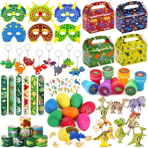 Dinosaurier Party Mitgebsel Kindergeburtstag Geburtstagsgeschenke Dinosaurier Puzzle Spielzeug Slap Armband Maske Dino Eier Schlüsselanhänger Stempel Aufkleber Geschenkbox für Junge Dino Mitbringsel von Toyssa