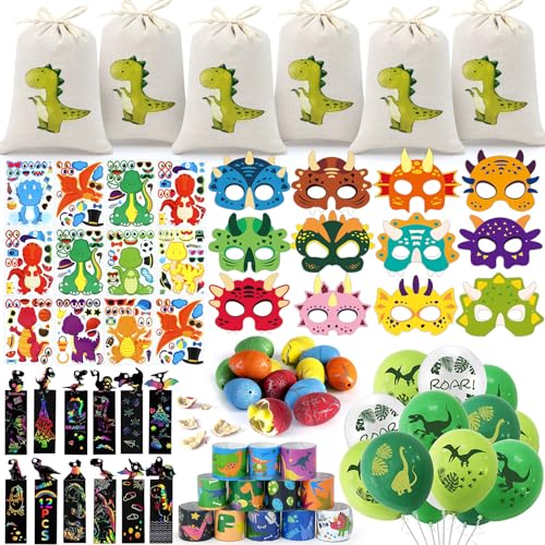 Dinosaurier Party Mitgebsel Kindergeburtstag Jungen Dino Figuren Maske Ei Spielzeug Luftballon Kordelzugbeutel DIY Sticker Schnapparmbänder Deko Dinosaurier Give Aways Kindergeburtstag Pinata Füllung von Toyssa