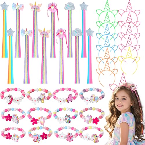 Toyssa Einhorn Bunte Haarschmuck Mitgebsel Kindergeburtstag, Haarsträhnen Kinder/Holz Armbänder/Haarband Mädchen Partyzubehör, Gastgeschenke Kinder Mädchen ab 3 4 5 6 7 8 von Toyssa