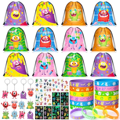 Monster Party Mitgebsel Kindergeburtstag 4 5 6 7 8 Jahre mit Kordelzugbeutel Geschenktüten Leuchtendes Tattoo Schlüsselanhänger Silikonarmband Monster Give Aways Gastgeschenke Pinata Füllung Kinder von Toyssa