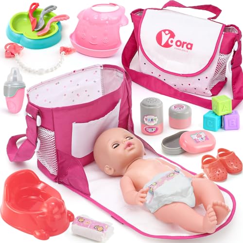 Puppenzubehör für New Born Baby Puppe, Puppen Zubehör mit Wickeltasche mit Wickelunterlage Töpfchen Windel Flasche, Rollspiel Spielzeug Geschenk Mädchen Kinder 2 3 4 5 6 Jahre (Puppe Nicht Enthalten) von Toyssa