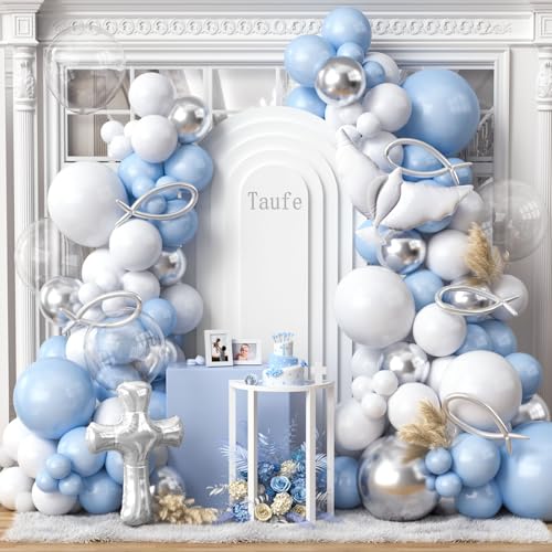 Toyssa 123Pcs Taufe Deko Junge Blau mit Taube Kreuzen Folienballons Langer Ballons Transparenter Ballons, Luftballon Girlande Blau für Taufdeko Junge Babyparty Deko Junge Kinder von Toyssa