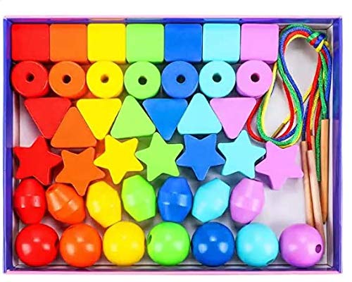 Toyssa 42 STK Perlen zum Auffädeln Perlen Fädelspiel Erste Regenbogen Holzperlen Holzspielzeug Motorikspielzeug Montessori Spielzeug Lernspielzeug Geschenke für 3 4 5 6 Jahre Kinder Mädchen Jungen von Toyssa