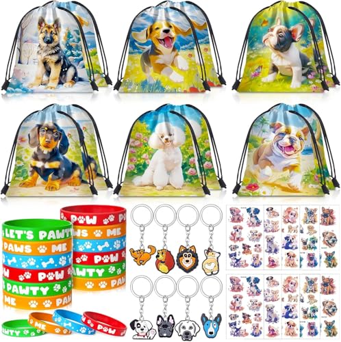 Toyssa 48Pcs Hunde Party Mitgebsel Kindergeburtstag Junge Geschenktüten Kordelzugbeutel Silikon Armband Schlüsselanhänger Tattoos Aufkleber Hunde Geburtstag Party Gastgeschenke Give Aways für Kinder von Toyssa