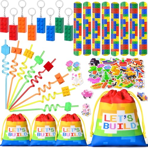 Toyssa Bausteine Party Mitgebsel Kindergeburtstag Gastgeschenke mit Kordelzugbeutel Strohhalme Schlüsselanhänger Schnapparmband, Give Aways Mitbringsel Kindergeburtstag für Kinder Jungen Mädchen von Toyssa