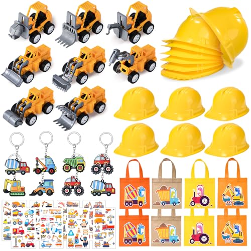 Toyssa Baustellen Party Mitgebsel Kindergeburtstag mit Construction Partyhüte Tragetaschen Bagger Schlüsselanhänger Tattoo Lastwagen Spielzeug Autos Set für Junge Bau Kindergeburtstag Geschenk von Toyssa