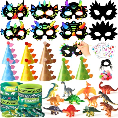 Toyssa Dinosaurier Party Mitgebsel Kindergeburtstag Give Aways Gastgeschenke mit Kratzbilder Dino Maske Mini Dino Figuren Silikonarmband Partyhüte Diamant-Aufkleber Dino Pinata Füllung Kinder von Toyssa