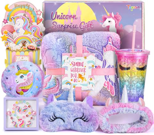 Einhorn Geschenke für Mädchen 4 5 6 7 8 9 10 Jahre Leuchtende Kuscheldecke Flauschig Wasserflasche 3D Geburtstagskarte Schmuck Set Stirnband Schlafmaske Einhorn Spielzeug Geburtstagsgeschenk Kinder von Toyssa