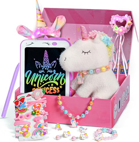 Einhorn Geschenke für Mädchen Einhorn Kuscheltier LCD Maltafel Zaubertafel Zauberstab Stirnband Haarspangen Schmuck Set Einhorn Plüschtier Spielzeug Geschenk für Kinder Mädchen 3 4 5 6 7 8+ Jahre von Toyssa