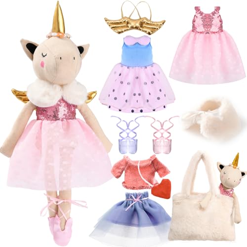 Toyssa Einhorn Gehäkelte Puppe Doll Geschenke Mädchen 3 4 5 6 7 Jahren Einhorn Kuscheltier Stofftier Plüschtier mit 3 Outfits Flügel Tasche Kinder Einhorn Spielzeug Geschenk für Mädchen von Toyssa