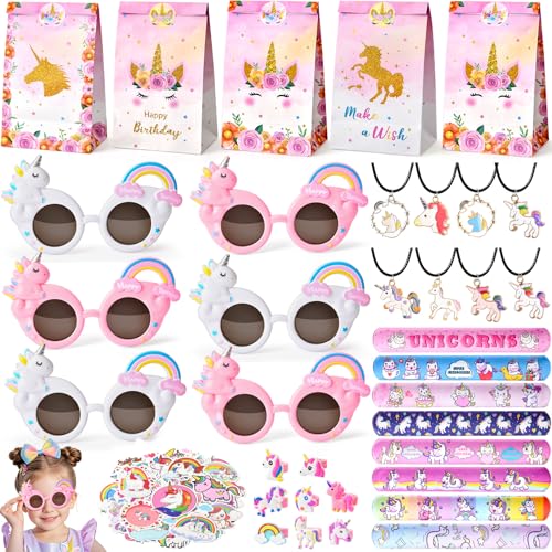 Toyssa Einhorn Mitgebsel Kindergeburtstag Partygeschenke Set Einhorn-Sonnenbrillen Halsketten Partytüten Ringe Schnapparmbänder Aufkleber Pinata Füllung Give Aways Kindergeburtstag von Toyssa