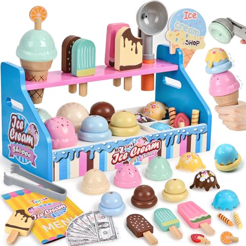 Toyssa Eiscreme-Spielzeug aus Holz für Kinder 3–6, Kinder Pretend Play Kitchen Zubehör mit falschem Geld & Zähler, Holzspiel Essen Weihnachten Geburtstag Geschenke für Mädchen Jungen Kleinkinder 3 4 5 von Toyssa