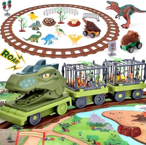 Toyssa Elektrische Dinosaurier LKW Spielzeug für Kinder Dino Transport mit Autorennbahn,Klang,Mini Dinosaurier Figuren,Dinosaur Truck Spielzeugauto Fahrzeug Geschenk Kinder Jungen 3 4 5 6 7 Jahre von Toyssa