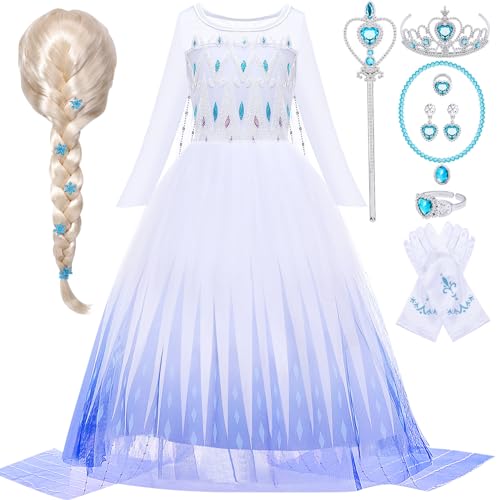 Toyssa Elsa Kostüm Mädchen, Eiskönigin Prinzessin Kleid Mädchen mit Perücke Krone Zauberstab Handschuhe, Elsa Kleider für Mädchen 3 4 5 6 7 8 Jahre Halloween Karneval Weihnachten Geburtstag Cosplay von Toyssa