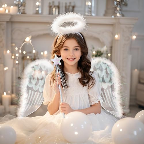 Toyssa Engel Kostüm Kinder Damen, Engelskostüm mit Engelsflügel Heiligenschein Zauberstab, Engel Wings Flügel Kostüm Amor Kostüm für Mädchen Damen Karneval Cosplay Weihnachten Halloween von Toyssa