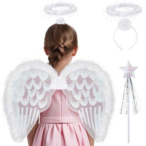 Toyssa Engel Kostüm Kinder Damen, Engelskostüm mit Engelsflügel Heiligenschein Zauberstab, Engel Wings Flügel Kostüm Amor Kostüm für Mädchen Damen Karneval Cosplay Weihnachten Halloween von Toyssa