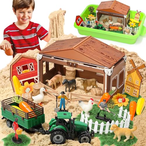 Toyssa Bauernhof Magic Sand Spielzeug, Farm Spielsand Koffer mit 900g Spielsand Scheune Traktor Spielzeug Tiere Figuren, Sensorik Spielzeug Zaubersand Geschenk Kinder Jungen Mädchen 3 4 5 6 7 Jahre von Toyssa