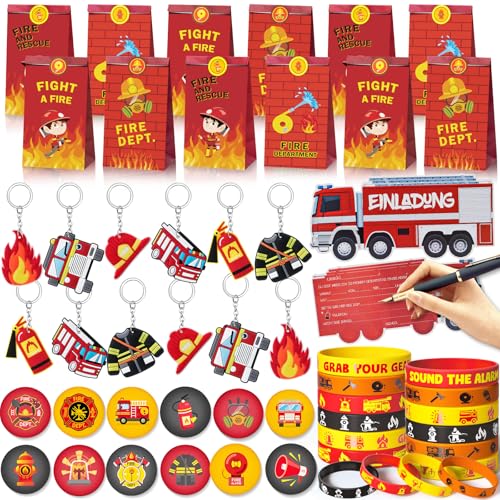 Toyssa Feuerwehrmann Party Mitgebsel Kindergeburtstag mit Einladungskarten Abzeichen Schlüsselanhänger, Feuerwehr Spielzeug Give Aways Kindergeburtstag Gastgeschenke Pinata Füllung für Jungen Kinder von Toyssa