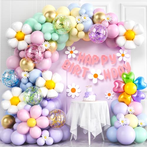 Toyssa Pastell Luftballon Girlande Gänseblümchen Geburtstagsdeko mit Happy Birthday Girlande Blume Folienballons, Gänseblümchen Deko Bunte Luftballon Girlande für Geburtstag Hochzeit Babyparty von Toyssa