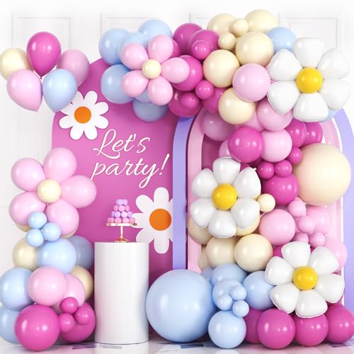 Toyssa Rosa Blau Luftballon Girlande Gänseblümchen Geburtstagsdeko mit Daisy Folienballons, Gänseblümchen Deko Bunte Luftballon Girlande für Geburtstag Hochzeit Babyparty von Toyssa