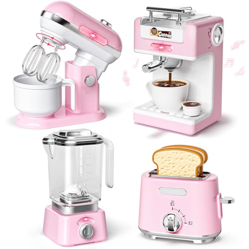 Toyssa Kinder Küchengeräte Set mit Kaffeemaschine Mixer Toaster Rührgerät, Zubehör Spielküche mit Licht und Sound, Kinderküche Zubehör Spielzeug Geburtstag Geschenk Mädchen Junge 3 4 5 6 7 8 Jahre von Toyssa