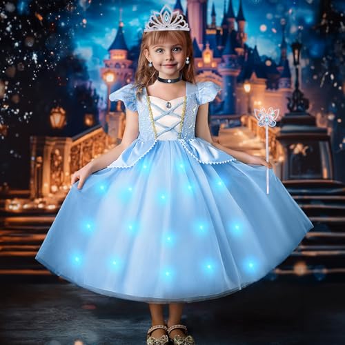 LED Leuchtend Prinzessin Kleid Mädchen Cinderella Kostüm mit Krone Zauberstab Prinzessin Verkleidung Halloween Kostüme Weihnachten Karneval Geburtstag Kostüme für Kinder Mädchen 2 3 4 5 6 7 Jahre von Toyssa