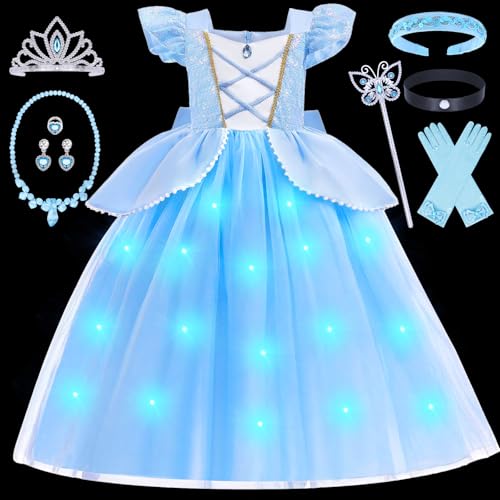 LED Leuchtend Prinzessin Kleid Mädchen Cinderella Kostüm mit Krone Zauberstab Prinzessin Verkleidung Halloween Kostüme Weihnachten Karneval Geburtstag Kostüme für Kinder Mädchen 2 3 4 5 6 7 Jahre von Toyssa