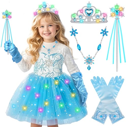 Toyssa Leuchtende Elsa Kostüm Mädchen Eiskönigin Prinzessin Zubehör Set mit Tüllrock Halskette Krone Zauberstab Handschuhe, Frozen LED Kostüm für Kinder Karneval Halloween von Toyssa