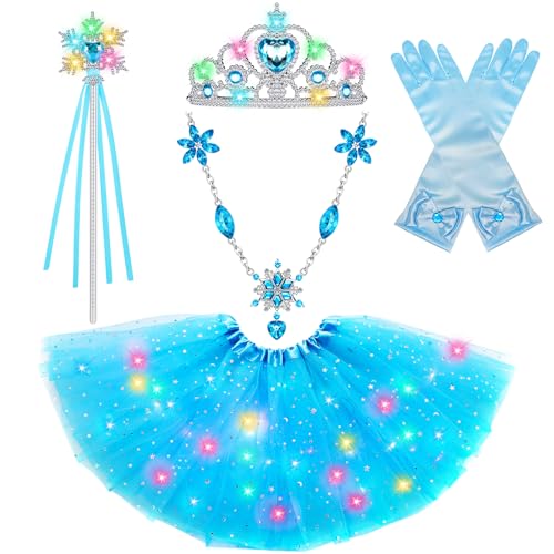 Toyssa Leuchtende Elsa Kostüm Mädchen Eiskönigin Prinzessin Zubehör Set mit Tüllrock Halskette Krone Zauberstab Handschuhe, Frozen LED Kostüm für Kinder Karneval Halloween von Toyssa