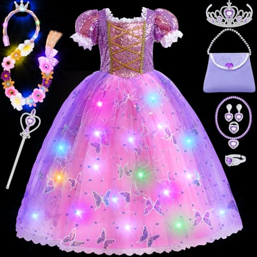 Toyssa Leuchtende Rapunzel Kostüm Kinder, Prinzessin Kleid Mädchen mit Perücke Handtasche Krone Zauberstab, Rapunzel Kleid LED Kostüm für Mädchen 2 3 4 5 6 7 Jahre Karneval Halloween Weihnachten von Toyssa