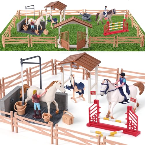 Toyssa Pferdestall Spielzeug mit Pferde Figuren, Reiterin Spielfiguren, Pferdezaun & Pferde Waschbereich, Reiterhof Pferde Spielzeug Geschenk für Kinder Jungen 4 5 6 7 8 9 10 Jahren von Toyssa