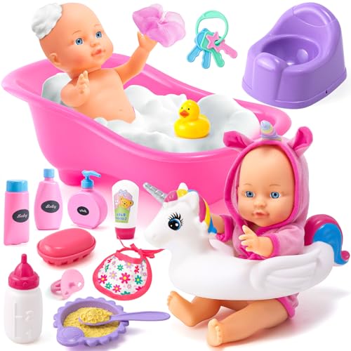 Toyssa Puppen Badewanne Set, Puppenzubehör mit Badepuppe Baby Badewanne Schwimmring Töpfchen Puppenflasche Badente, Puppe Rollspiel Spielzeug Geschenk Mädchen Kinder 2 3 4 5 6 Jahre (Puppe Enthalten) von Toyssa