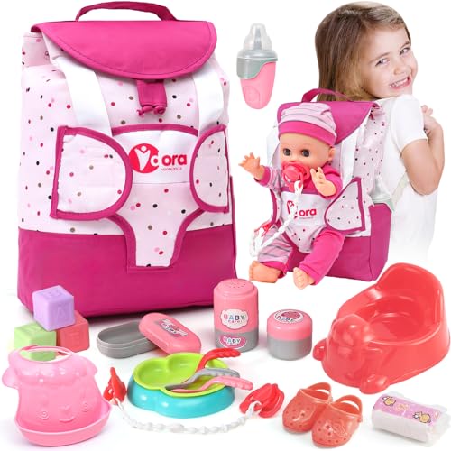 Toyssa Puppenzubehör für New Born Baby Puppe, Puppen Zubehör mit Wickeltasche Rucksack Töpfchen Windel Flasche, Rollspiel Spielzeug Geschenk Mädchen Kinder 2 3 4 5 6 Jahre (Puppe Nicht Enthalten) von Toyssa