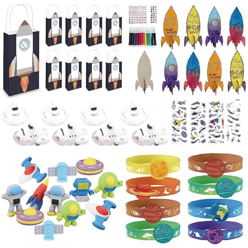 Toyssa Weltraum Party Mitgebsel Kindergeburtstag Gastgeschenke mit Bastelset Geschenktüten Auto Spielzeug Silikonarmband Radiergummi, Give Aways Mitbringsel Kindergeburtstag für Kinder Jungen Mädchen von Toyssa