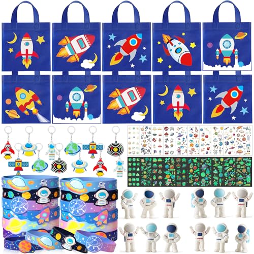 Toyssa Space Mitgebsel Kindergeburtstag Gastgeschenke mit Geschenktüten Astronaut Radiergummi Kinder Silikonarmband Schlüsselanhänger Aufkleber Weltraum Pinata Füllung Give Aways Kindergeburtstag von Toyssa