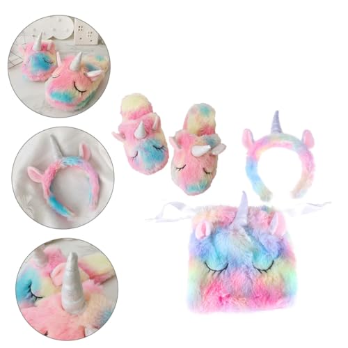 3 Stück 1 Satz Einhorn Flauschige Hausschuhe Bunte Tasche mit Kordelzug Kostüm-Requisiten pantumblas de Mujer seidenband Ripsband كبة schöne Hausschuhe neuartiges Stirnband Plüsch Toyvian von Toyvian