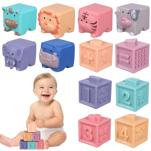 Toyvian Weicher Stapelbarer Turm Babyspielzeug Spielzeug Baby 12 STK Holzblock Kinderzimmer Bausteine Mit Aufbewahrungsbeutel - Tier Bausteine Bausteine Weiche Babyblöcke Gummiblock Weiches Gummi von Toyvian