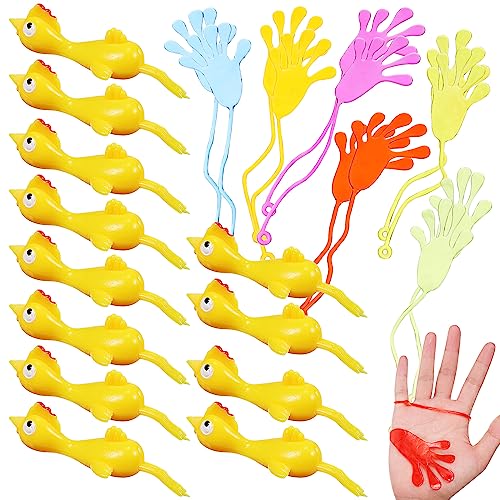 Toyvian 12 Stück Schleuder Huhn Gummi Fliegende Finger Spielzeuge mit 12 Stück klebrigen Händen klebrigen Fingerspielzeugen dehnbaren klebrigen Händen für Kinder Partygeschenke von Toyvian