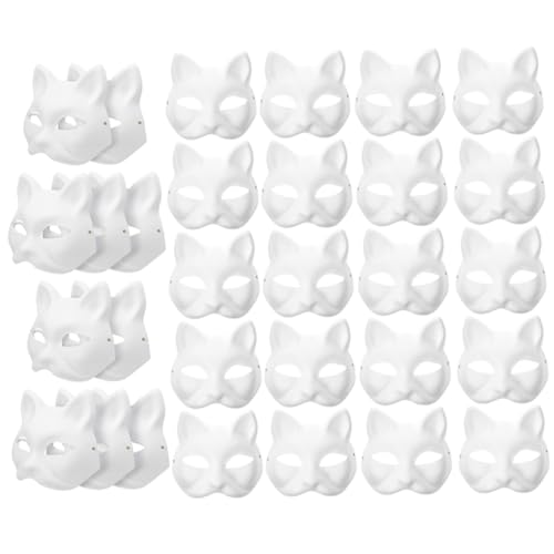 Toyvian 30st Handbemalte Maske Opernmaske Halbe Katzenmaske Katzenschläfchen Japanische Maske Cosplay-katzenmasken Party Leere Masken Katzenbasis Tiermasken-handwerk Led-maske Papier Weiß von Toyvian