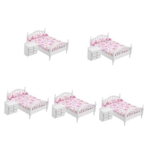 Toyvian 5 Sätze Puppenhausbett weißer Nachttisch Schlafzimmer zubehör Wohnkultur Möbel Puppenhaus mit Minibett Puppenhaus Bett Spielzeug Miniatur Spielzeugzimmer Suite Puppenbett Holz von Toyvian