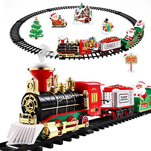 Toyvian Weihnachtliches Dampf-Eisenbahn-Set mit Eisenbahnstrecke & 4 Autos Lichter und Geräuschen Eisenbahn, batteriebetriebene Lokomotive Motor-Spielset, elektronisches Spielzeug, Geschenk für Kinder von Toyvian