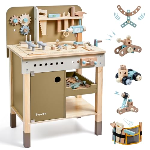 Kinder Werkzeug Set, hölzerne Werkzeuge Bank mit Schürze Kleinkind Spielzeug Werkbank Mit Realistischen Werkzeugen Elektrische Bohrmaschine STEM Bau Spielzeug Geschenke für Alter 3-9Jungen Mädchen von Toywoo