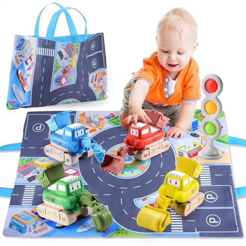 Baby-Spielzeug für Jungen und Mädchen, niedliches Auto-Spielzeug mit Spielmatte/Aufbewahrungstasche für Kleinkinder im Alter von 1–3 Jahren, Babyspielzeug 12–18 Monate, Geschenk zum 1. Geburtstag, von Toyze